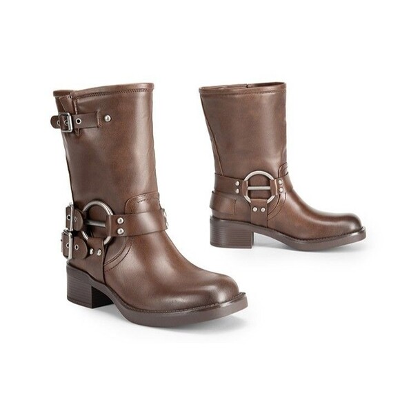 Women Mid Calf Boots PU Square Toe Motorcycle Adjustable Buckles Riding 8.5 & 9 - Picture 5 of 14